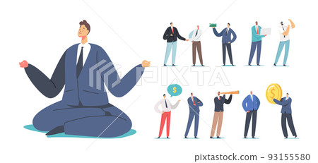 Set of Businessmen Characters Isolated on White Background. Men Shaking Hands, Showing Muscles, Speaking of Money 93155580