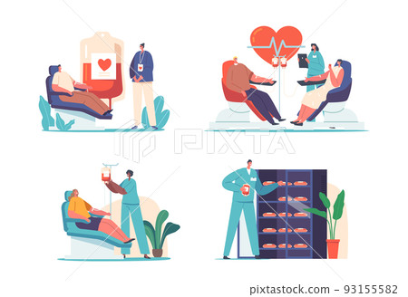Set Blood Donation, World Donor Day, Health Care Concept. Volunteers Characters Sitting in Chairs Donate Lifeblood 93155582