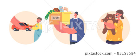 Volunteers Characters Donate Toys to Kids Isolated Round Icons or Avatars. Humanitarian Aid and Help to Children Orphans 93155584