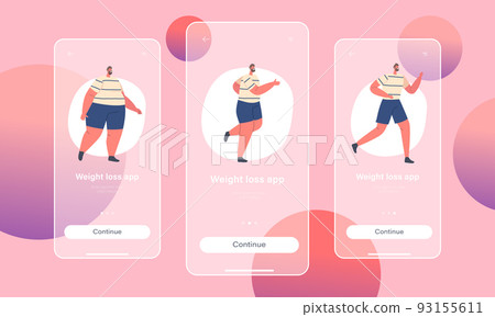 Weight Loss Mobile App Page Onboard Screen Template. Male Character Stages of Slimming, Fat Man Transformation Concept 93155611