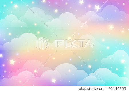 Rainbow unicorn background with clouds and stars. Pastel color sky. Magical landscape, abstract fabulous pattern. Cute candy wallpaper. Vector. Rainbow unicorn background with clouds and stars. Pastel color sky. Magical landscape, abstract fabulous pattern. Cute candy wallpaper. Vector. 93156265