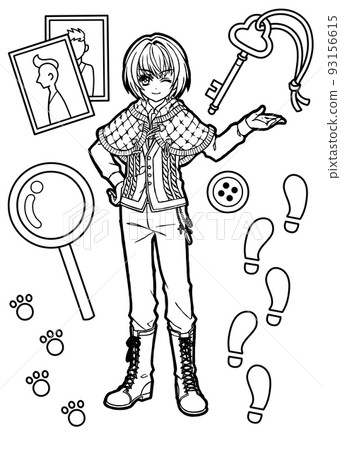 Illustration for coloring book of an anime-style boy wearing a cape cloak (with background) 93156615
