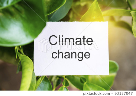 Climate change words message written on white paper over green leaves. Save planet, enviroment abstract concept Climate change words message written on white paper over green leaves. Save planet, enviroment abstract concept 93157047