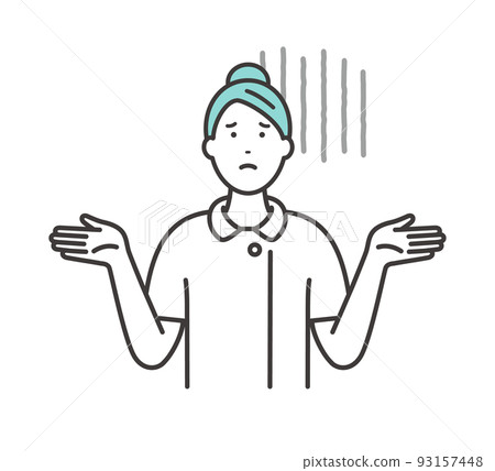 A pessimistic young female nurse poses looking up at the sky with her arms outstretched 93157448