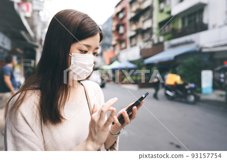 Business young asian single woman wear face mask for protective corona virus or covid 19 93157754