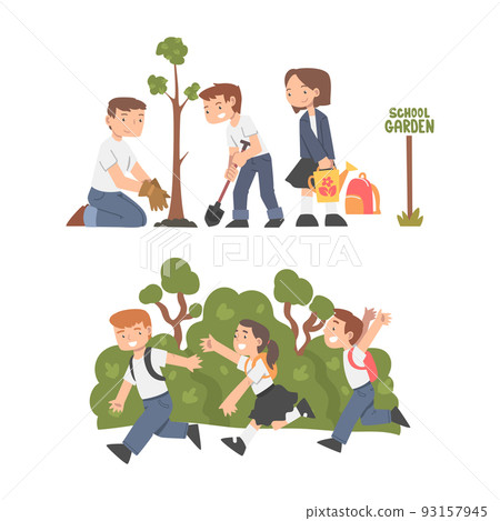 Children engaged gardening in school backyard set. Boys and girls planting trees and playing outdoors cartoon vector illustration 93157945