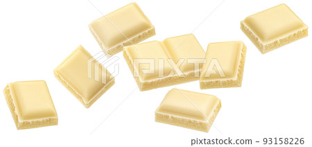 White milk chocolate pieces isolated on white background 93158226
