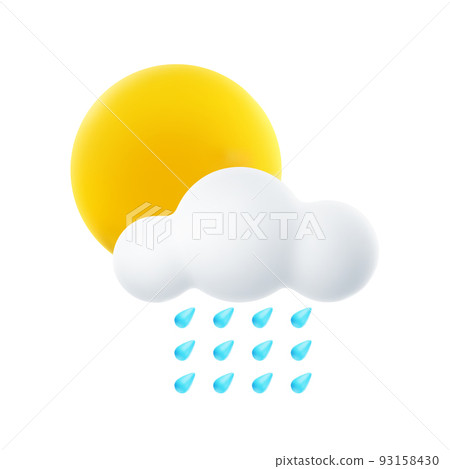 3D Cartoon Weather Icon of Cloudy with Downpour. Sign of Sun, Cloud and Raindrops Isolated on White Background. Vector Illustration of 3d Render. 93158430