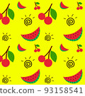 Watermelon slices and Cherry on yellow background. vector seamless pattern 93158541