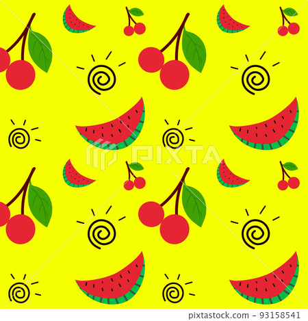 Watermelon slices and Cherry on yellow background. vector seamless pattern 93158541
