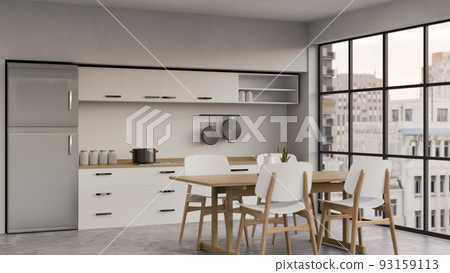 Modern apartment kitchen cooking space and dining room interior with minimal wood dining table Modern apartment kitchen cooking space and dining room interior with minimal wood dining table 93159113