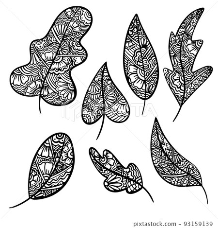 Set of Vector zen tangle and doodle leaf. Anti-stress autumn Nature coloring book. Black and white zentangle leaves. Doodle handdrawn illustration. Happy fal coloring page for adults. Set of Vector zen tangle and doodle leaf. Anti-stress autumn Nature coloring book. Black and white zentangle leaves. Doodle handdrawn illustration. Happy fal coloring page for adults. 93159139