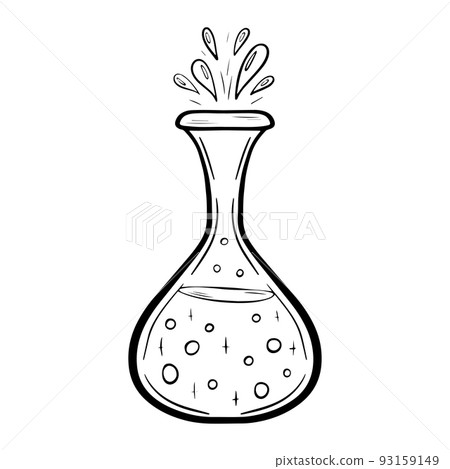 Vector doodle bottle of magic potion. Witchcraft glass bottle. Alchemy elixir in glass flask. Hand drawn illustration of witch poison. Vector doodle bottle of magic potion. Witchcraft glass bottle. Alchemy elixir in glass flask. Hand drawn illustration of witch poison. 93159149