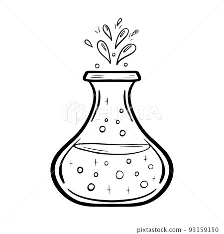 Vector doodle bottle of magic potion. Witchcraft glass bottle. Alchemy elixir in glass flask. Hand drawn illustration of witch poison. 93159150