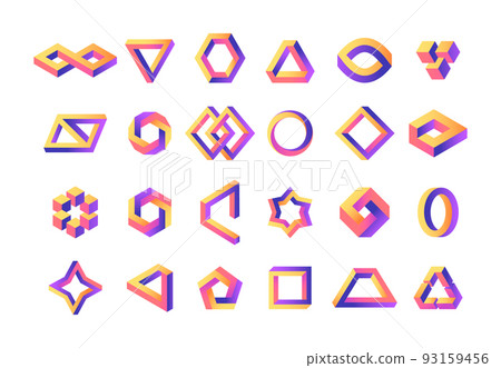 Illusion geometry. Impossible perspective infinite shapes, abstract optical delusion modern graphic elements. Vector visual paradox logo collection 93159456