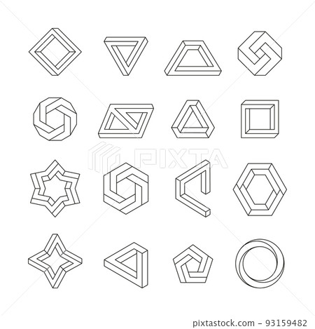 Impossible figures. Abstract geometric linear shapes, infinite optical illusion objects, 3D cube triangle and hexagonal twisted graphic elements. Vector isolated set 93159482