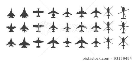 Black airplanes top view. Military jet fighter and civil aviation cargo and passenger planes silhouette icons aerial view. Vector overhead look of airplane set 93159494