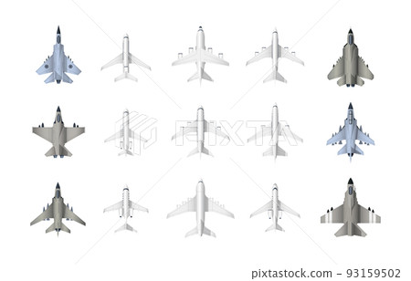 Civil and military aircraft top view. Cartoon jet fighters and civil aviation cargo and passenger airplanes, monoplanes and biplanes top view of plane models. Vector set 93159502