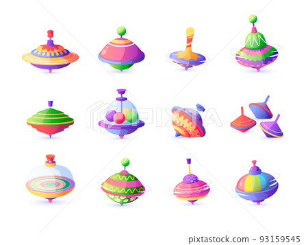 Cartoon toy top. Colorful plastic spinning children toy with motion balance, fun educational swirling game. Vector isolated set 93159545