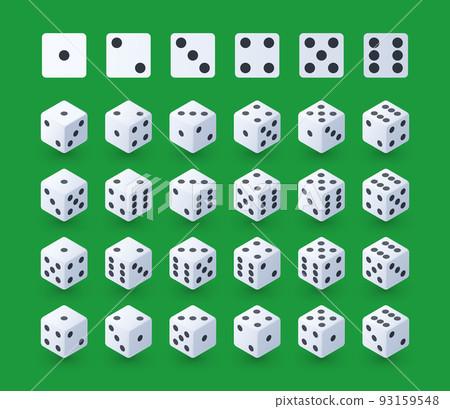 Game dice. Cartoon white playing cubes turn different faces, black dots on white planes, casino and gambling graphic asset of rolling dice. Vector isolated set 93159548