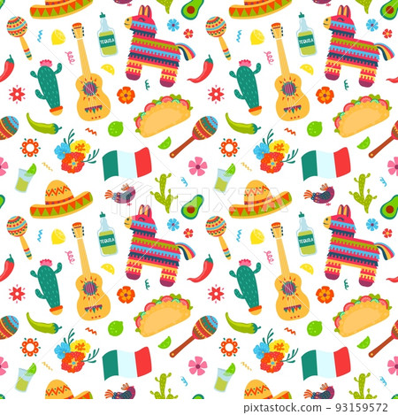 Mexican elements seamless pattern. Sombrero, guitar and cactus, tequila and chili traditional american culture symbols vector texture 93159572