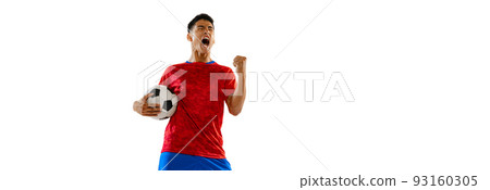 Portrait of young expressive man, football player posing isolated over white studio background. Looks extremely motivated Portrait of young expressive man, football player posing isolated over white studio background. Looks extremely motivated 93160305