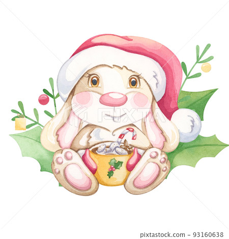 Cute bunny with a red cap and a cup. Watercolor illustration. 93160638