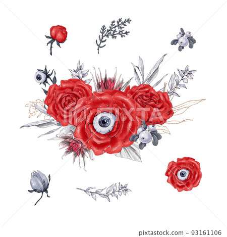 Halloween illustration of evil bouquets of roses and sunflowers with teeth and skulls 93161106