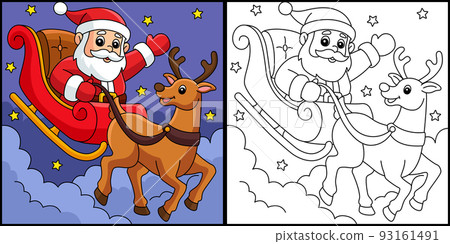 Christmas Santa Sleigh And Reindeer Coloring Page  93161491