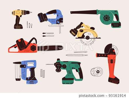 Flat design vector illustration of power cordless hand tools. Set includes icons of leaf blower, chainsaw, jigsaw, circular saw, hammer drill, angle grinder, stapler and tooling. Flat design vector illustration of power cordless hand tools. Set includes icons of leaf blower, chainsaw, jigsaw, circular saw, hammer drill, angle grinder, stapler and tooling. 93161914