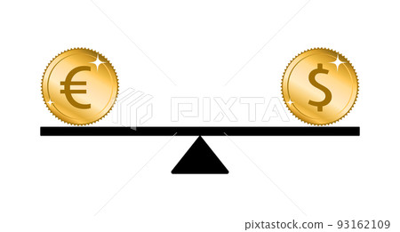 Euro and dollar parity concept. Dollar and euro coins on a balanced seesaw Euro and dollar parity concept. Dollar and euro coins on a balanced seesaw 93162109