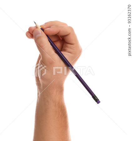 Man holding pencil on white background, closeup of hand 93162370