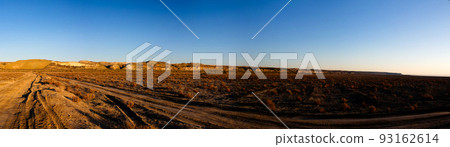 Panorama view to Plateau Ustyurt from the edge of Aral sea near Aktumsuk cape at sunrise, Karakalpakstan, Uzbekistan 93162614