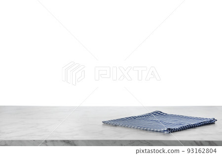Folded kitchen towel on white marble table. Space for design 93162804