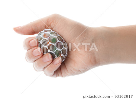 Woman squeezing colorful slime isolated on white, closeup. Antistress toy 93162917
