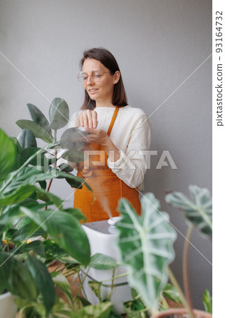 woman waters flowers and takes care of green plants at home. A European woman entrepreneur in a flower shop. 93164732