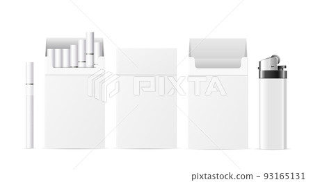 Realistic Detailed 3d Cigarette Pack Blank White with Pocket Lighter Set. Vector 93165131