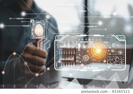 business man touching thumb finger scan his fingerprints with cybersecurity privacy protect data system 93165521
