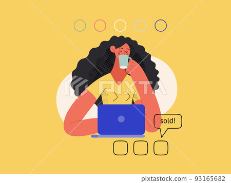 Sell online - Online shopping and electronic commerce series - modern flat vector concept illustration of a woman selling online with a laptop. Promotion, discounts, sale and online orders concept Sell online - Online shopping and electronic commerce series - modern flat vector concept illustration of a woman selling online with a laptop. Promotion, discounts, sale and online orders concept 93165682