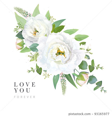 Elegant greeting love you card, wedding invite, save the date card template design. White eustoma, lisanthus, veronica flowers, seeded eucalyptus, green leaves bouquet. Vector, watercolor illustration 93165977