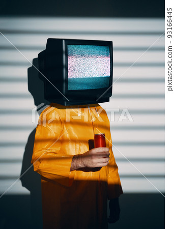 Surreal art of TV addicted man with television instead of head. Surreal art of TV addicted man with television instead of head. 93166445