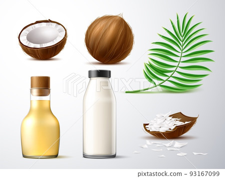Realistic coconut products. 3d exotic plant, green palm leaf, half and whole coconut, chips, milk and butter in glass bottles, blank transparent packaging. Dairy or cosmetic utter vector set 93167099