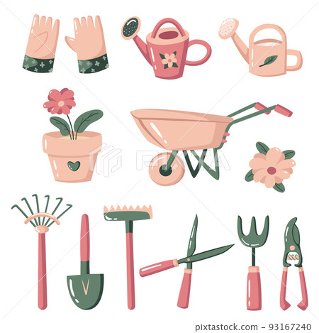 Garden tools vector set.  Hand drawn equipment for gardening, agricultural items - shovel, rake,  secateurs, watering can, garden cart. Cartoon design elements.  93167240