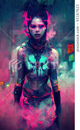 A cyberpunk styled portrait of a young woman wearing neon clothing. a  futuristic high tech dude. the ideas of cyberpunk and virtual reality.  Perfect for posters or phone wallpaper. Generative AI Stock