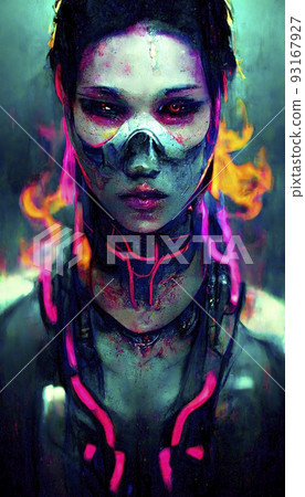 Portrait of a girl in a futuristic cyberpunk style in neon clothes. A high-tech man from the future. The concept of virtual reality and cyberpunk. Perfect for phone wallpaper or for posters. 93167927