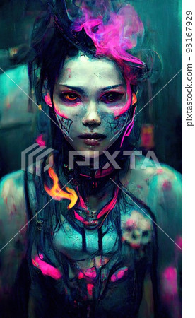 Portrait of a girl in a futuristic cyberpunk style in neon clothes. A high-tech man from the future. The concept of virtual reality and cyberpunk. Perfect for phone wallpaper or for posters. 93167929