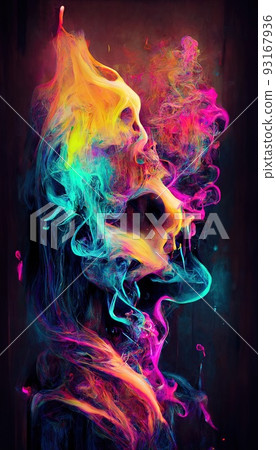 Smoke multicolored on black background. A wall splattered with colored paint, surrounded by colored smoke. Perfect for phone wallpaper or for posters 93167936