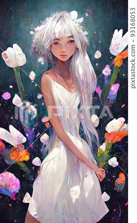 Portrait of an anime girl against a background of flowers. Anime girl portrayed in cartoon anime style. Perfect for phone wallpaper or for posters. Portrait of an anime girl against a background of flowers. Anime girl portrayed in cartoon anime style. Perfect for phone wallpaper or for posters. 93168053