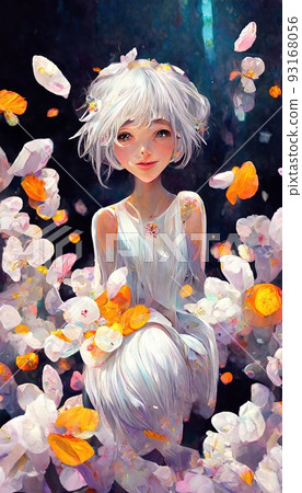 Portrait of an anime girl against a background of flowers. Anime girl portrayed in cartoon anime style. Perfect for phone wallpaper or for posters. Portrait of an anime girl against a background of flowers. Anime girl portrayed in cartoon anime style. Perfect for phone wallpaper or for posters. 93168056