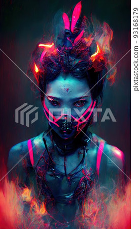 Portrait of a girl in a futuristic cyberpunk style in neon clothes. A high-tech man from the future. The concept of virtual reality and cyberpunk. Perfect for phone wallpaper or for posters. Portrait of a girl in a futuristic cyberpunk style in neon clothes. A high-tech man from the future. The concept of virtual reality and cyberpunk. Perfect for phone wallpaper or for posters. 93168179